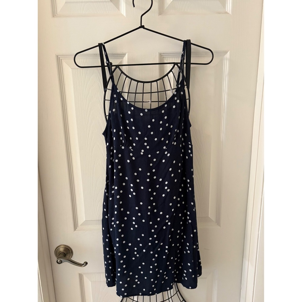 Navy Blue Polka Dot Slip Dress Navy White Cami Mini Spaghetti Strap Sz L EUC